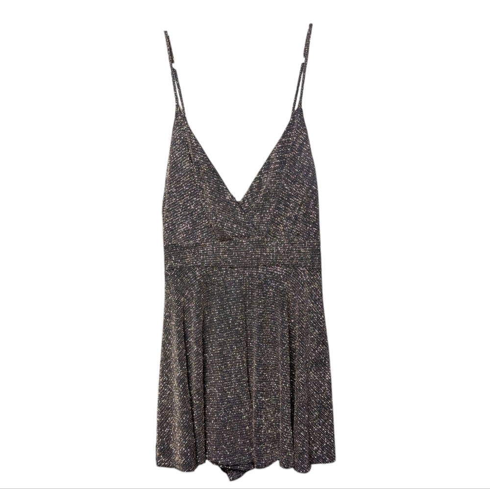 Akira Romper Elegant Black Gold Sparkly Women's Faux Dress Size Medium Glittery - Picture 1 of 10